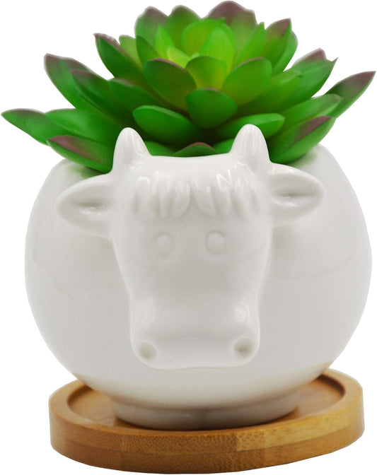 Succulent Pots,Cute Cartoon Cow Shaped Ceramic Succulent Cactus Flower Pot,Pencil Holders,Desk Accessories, Makeup Brush Storage Stand-Plant Not Included (With Tray)