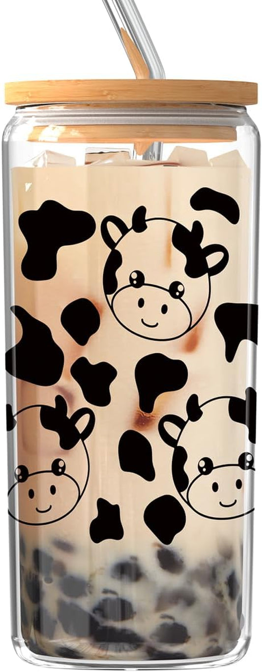 Cute Cow Drinking Glass, Large 20Oz Aesthetic Glass Cup with Lid and Straw, Clear, Cowcup-20Oz