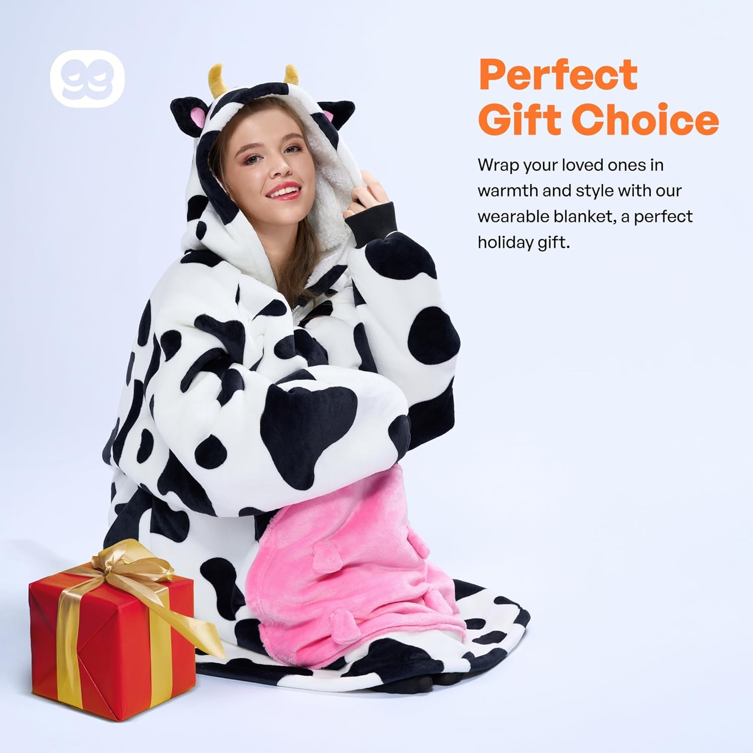 Wearable Blanket Hoodie for Women and Men Sherpa Fleece Hooded Blanket Sweatshirt Warm Cozy Sherpa Wearable Throw Oversized Hoodie with Giant Pocket & Sleeves for Adult Cow