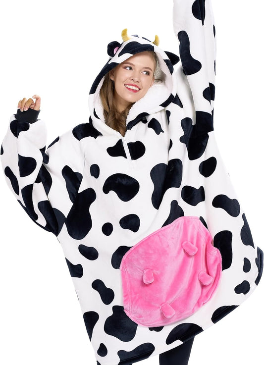 Wearable Blanket Hoodie for Women and Men Sherpa Fleece Hooded Blanket Sweatshirt Warm Cozy Sherpa Wearable Throw Oversized Hoodie with Giant Pocket & Sleeves for Adult Cow